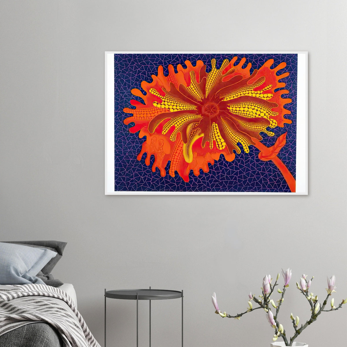 Yayoi Kusama framed print — Flower (C) treats a single flowering motif as a complete visual world
