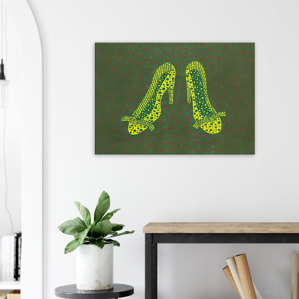 Yayoi Kusama canvas print — High Heels (3) makes a fashion accessory the protagonist of a Kusama print