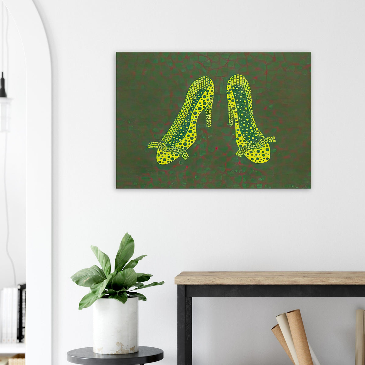 Yayoi Kusama canvas print — High Heels (3) makes a fashion accessory the protagonist of a Kusama print