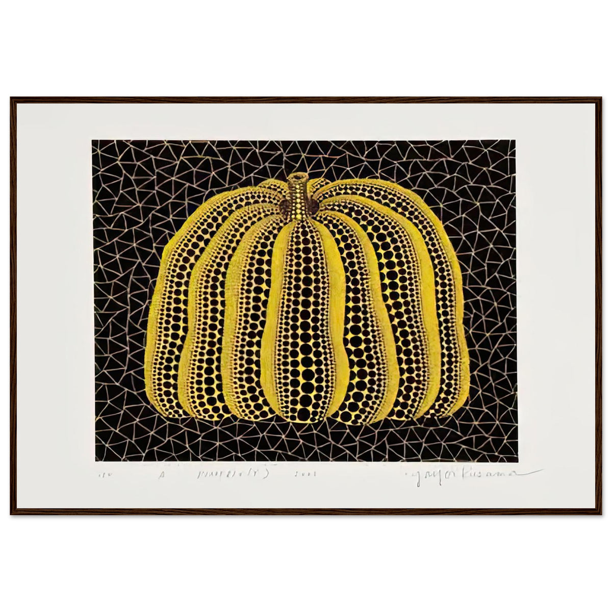 Yayoi Kusama framed print — Pumpkin (Y) is one precisely named variation on Yayoi Kusama’s iconic pumpkin theme, dark wood frame, 70x100 cm / 28x40″