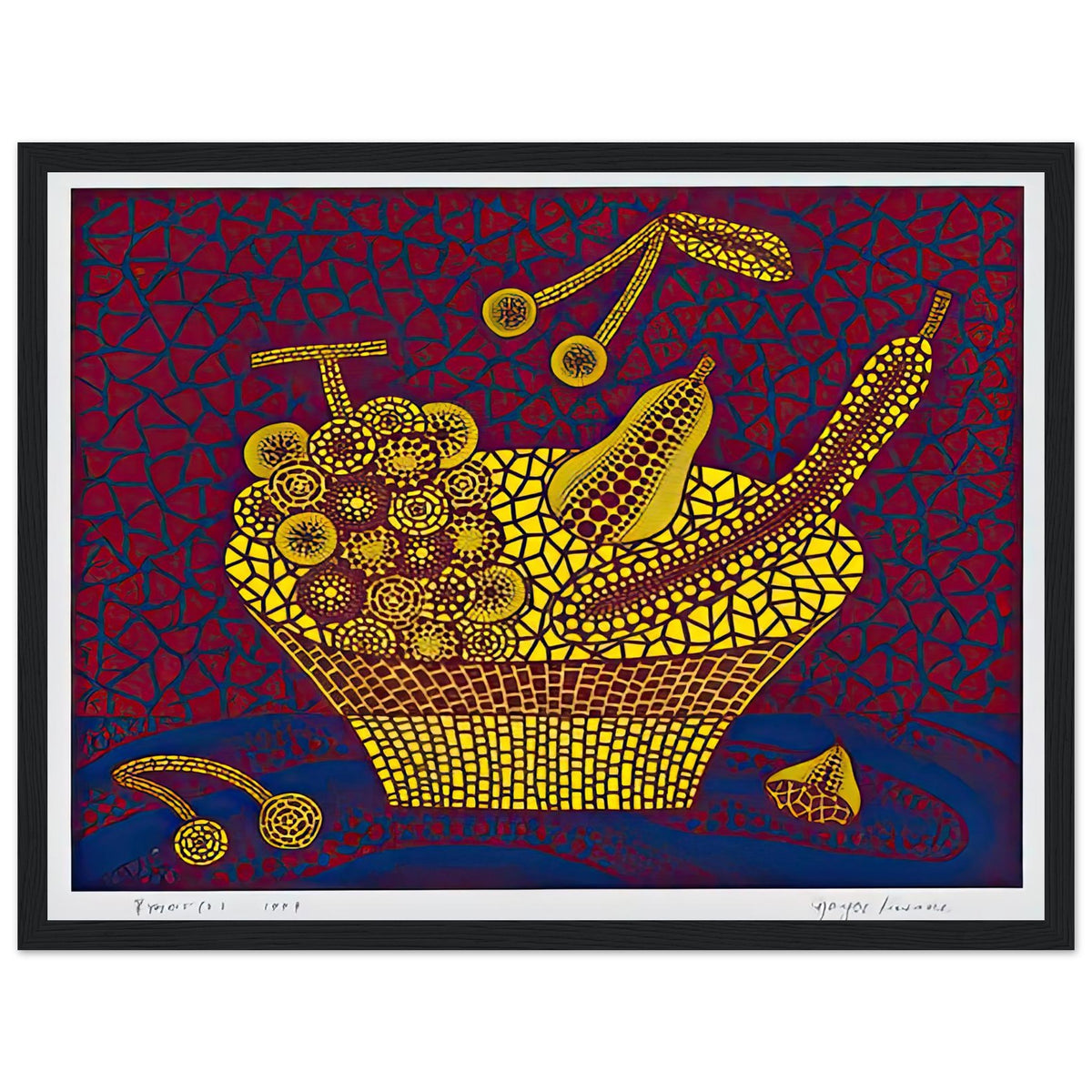 Yayoi Kusama framed print — Fruit Basket (2) by Yayoi Kusama explores one of the artist’s recurring subjects: the abundance of ordinary fruit, black frame, 30x40 cm / 12x16″