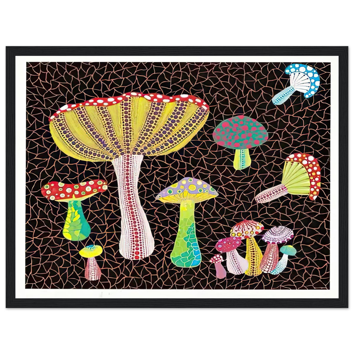 Yayoi Kusama framed print — Toadstools explores the eccentric shapes of woodland fungi, balancing rounded caps and slender supports, black frame, 30x40 cm / 12x16″