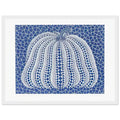 Yayoi Kusama framed print — Pumpkin (Blue, Version 2) presents Kusama’s familiar pumpkin through an explicitly blue variation, white frame, 30x40 cm / 12x16″