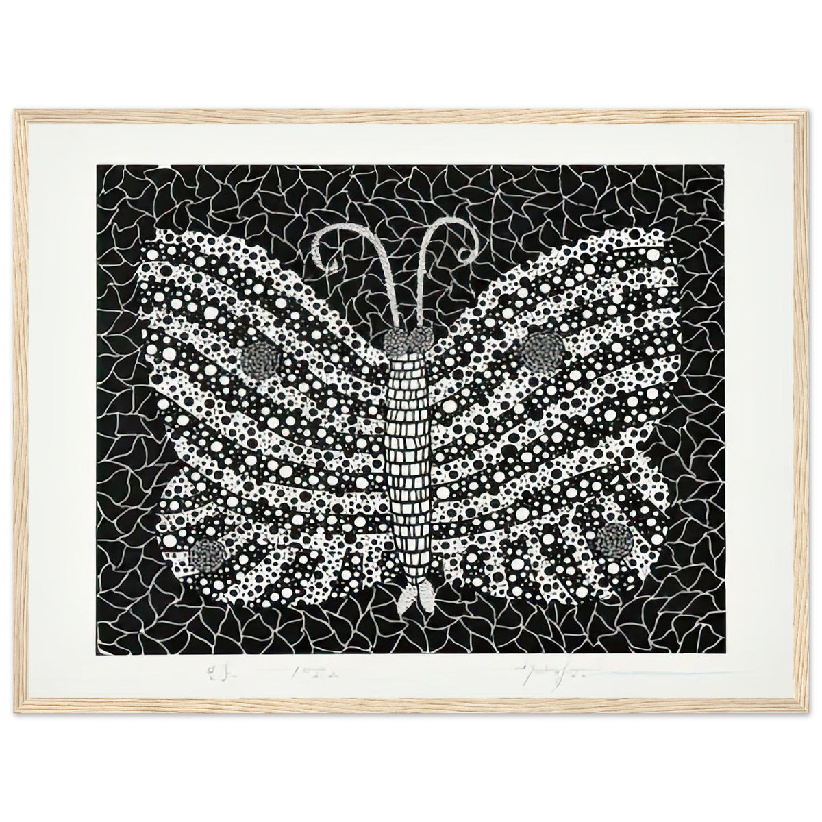 Yayoi Kusama framed print — Butterfly [Kusama 18] by Yayoi Kusama takes the lightness of a butterfly and gives it graphic intensity through pattern, wood frame, 45x60 cm / 18x24″