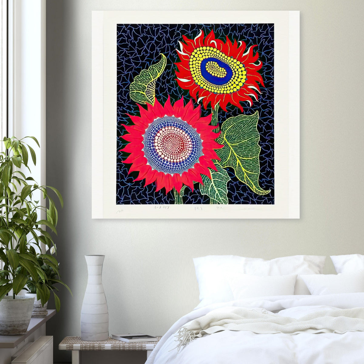 Yayoi Kusama poster — Sunflowers poster by Yayoi Kusama explores sunflowers transformed into a decorative and expressive floral motif