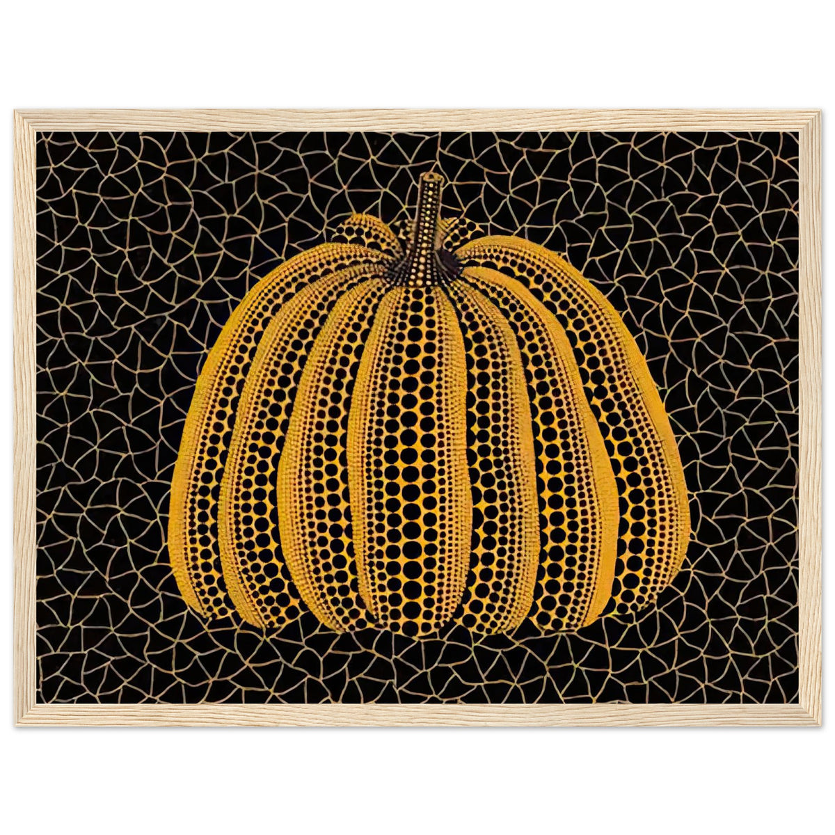 Yayoi Kusama framed print — Pumpkin (YY) [Kusama 231] revisits Kusama’s best-known vegetable through the relationship between its distinctive form and repeating ornament, wood frame, 30x40 cm / 12x16″