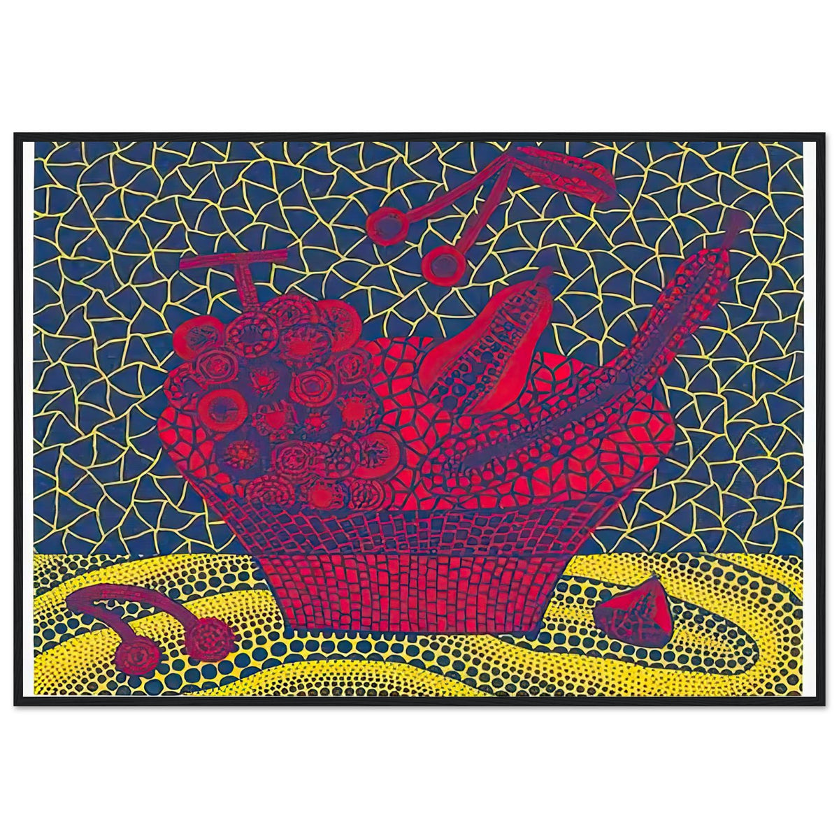 Yayoi Kusama framed print — Fruit Basket (5) by Yayoi Kusama explores one of the artist’s recurring subjects: the abundance of ordinary fruit, black frame, 70x100 cm / 28x40″