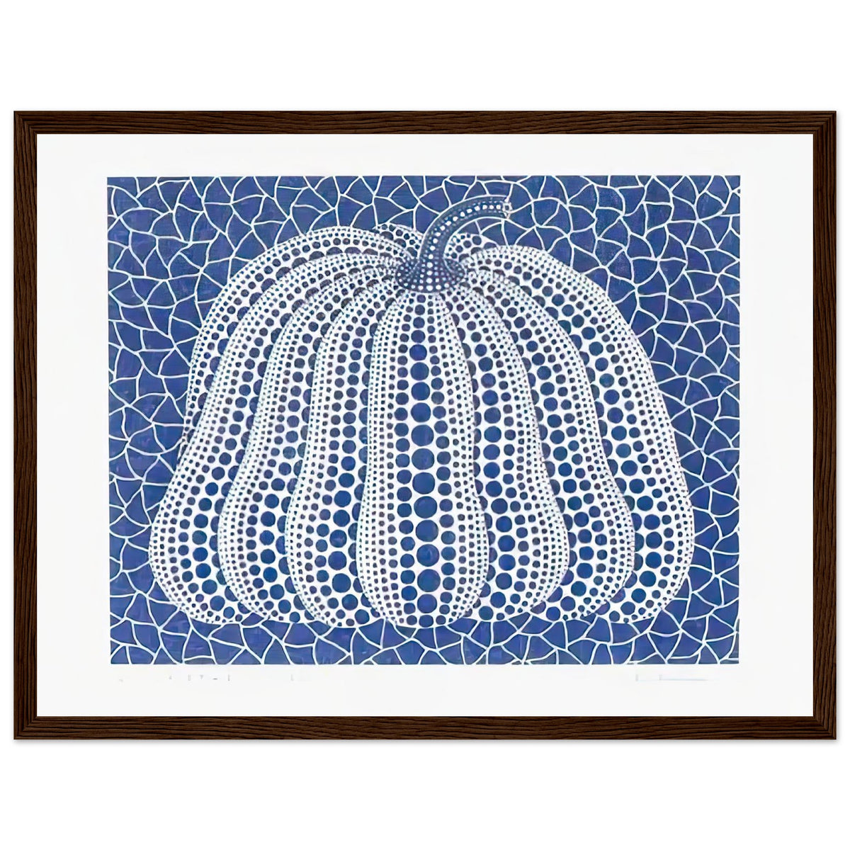 Yayoi Kusama framed print — Pumpkin (Blue, Version 2) presents Kusama’s familiar pumpkin through an explicitly blue variation, dark wood frame, 30x40 cm / 12x16″