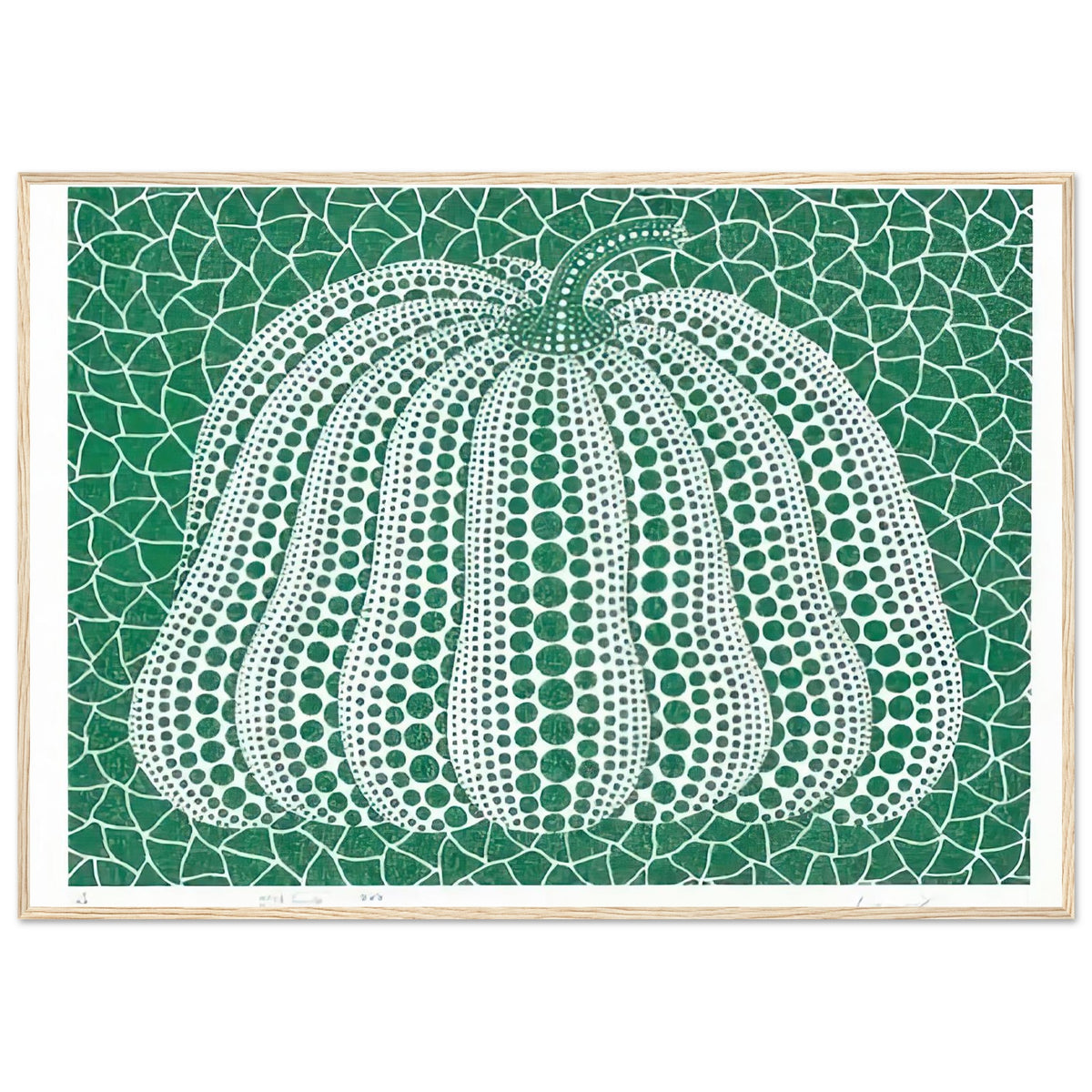 Yayoi Kusama framed print — Pumpkin Green presents Kusama’s familiar pumpkin through an explicitly green variation, wood frame, 70x100 cm / 28x40″