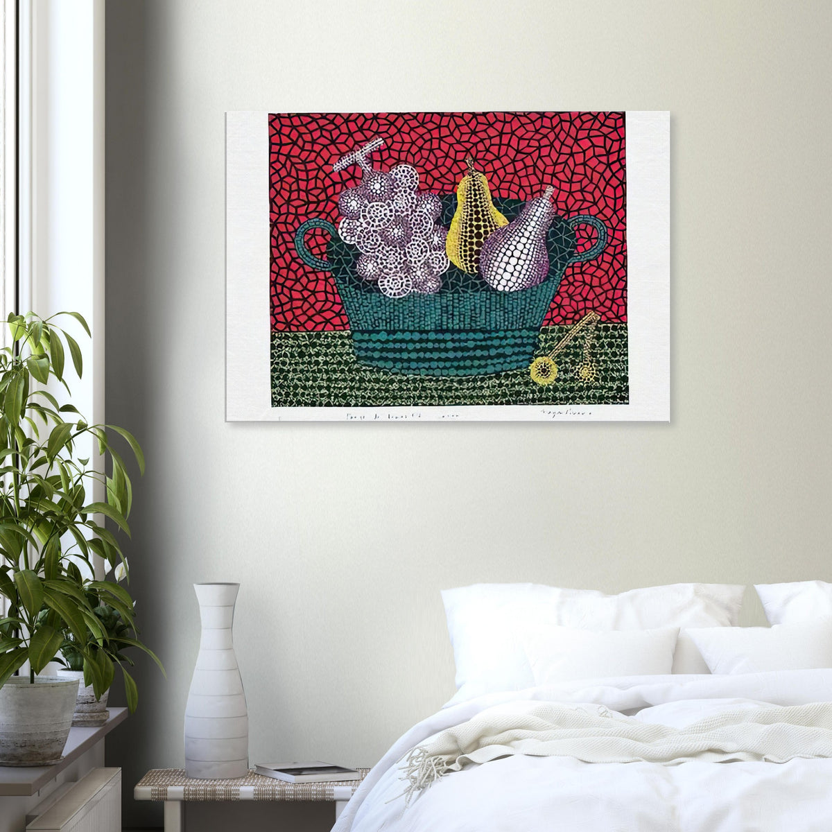 Yayoi Kusama canvas print — Panier de Fruits I from Amour pour Toujours turns a basket of fruit into a lively decorative still life