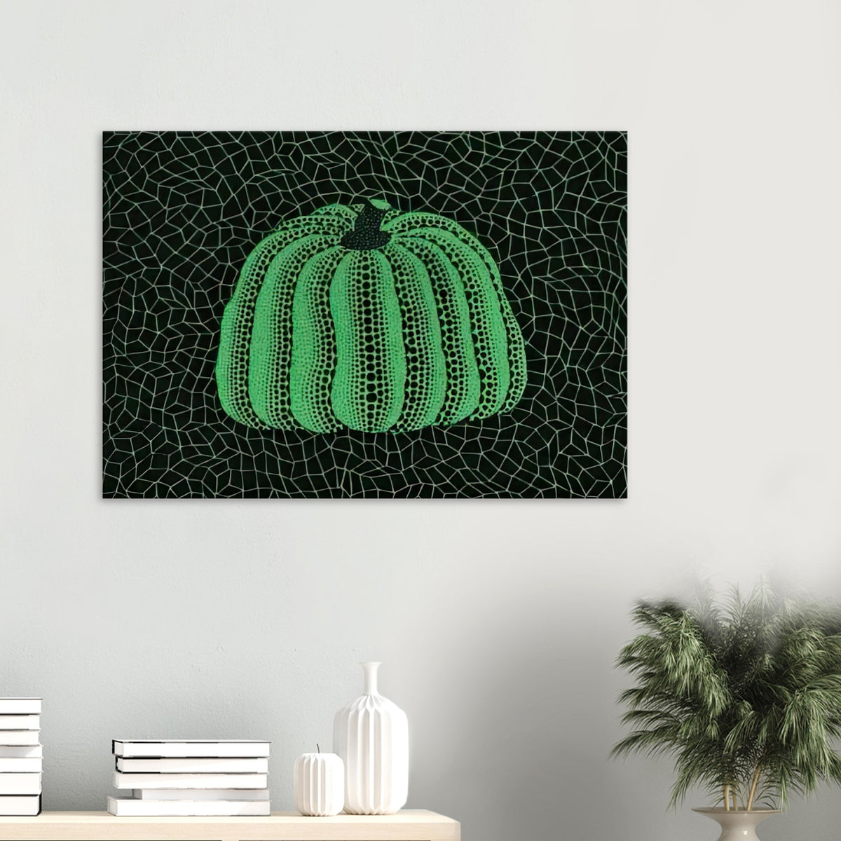 Yayoi Kusama canvas print — Pumpkin (Green, Version 2) presents Kusama’s familiar pumpkin through an explicitly green variation