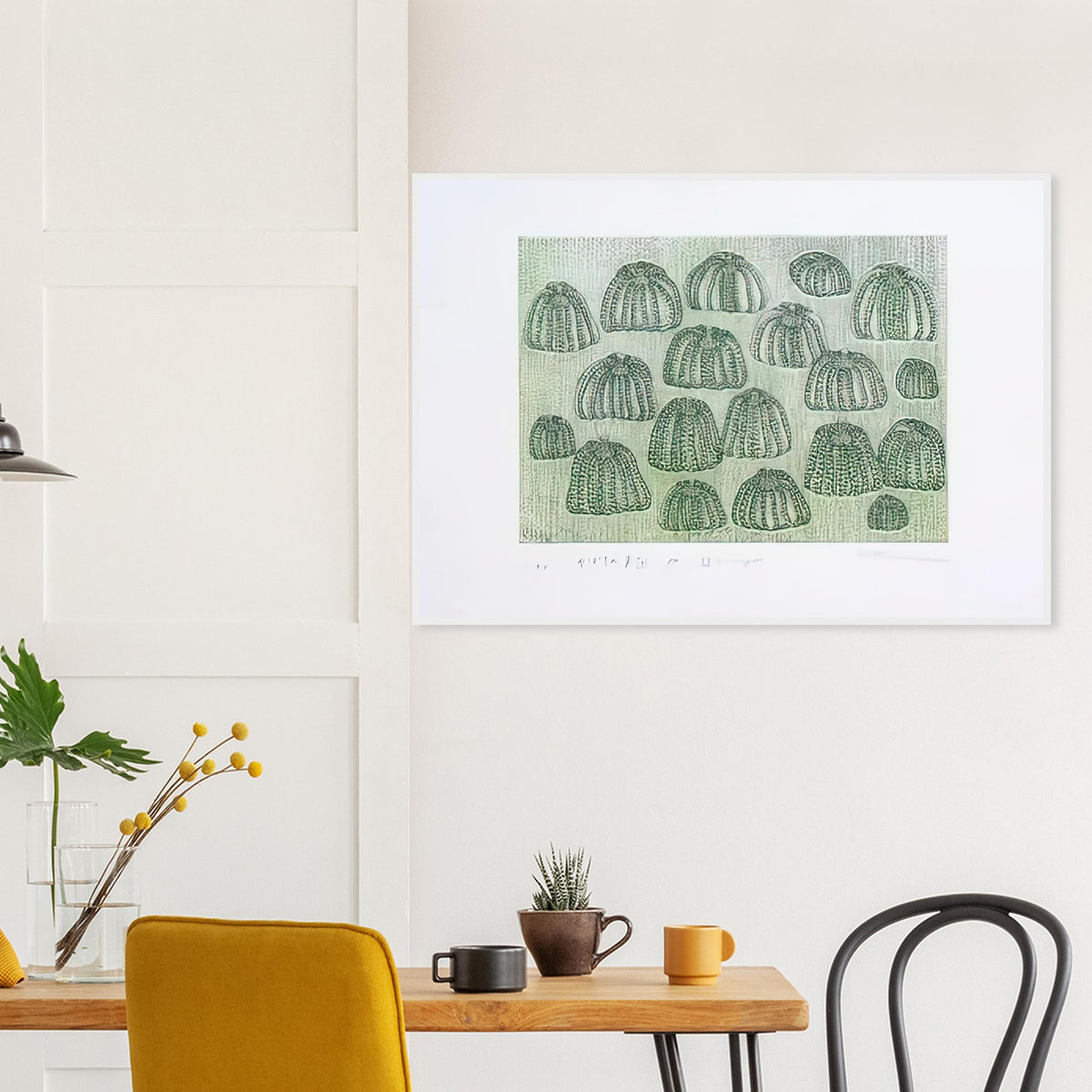 Yayoi Kusama framed print — Pumpkin Army (green) turns a single familiar vegetable into a collective presence