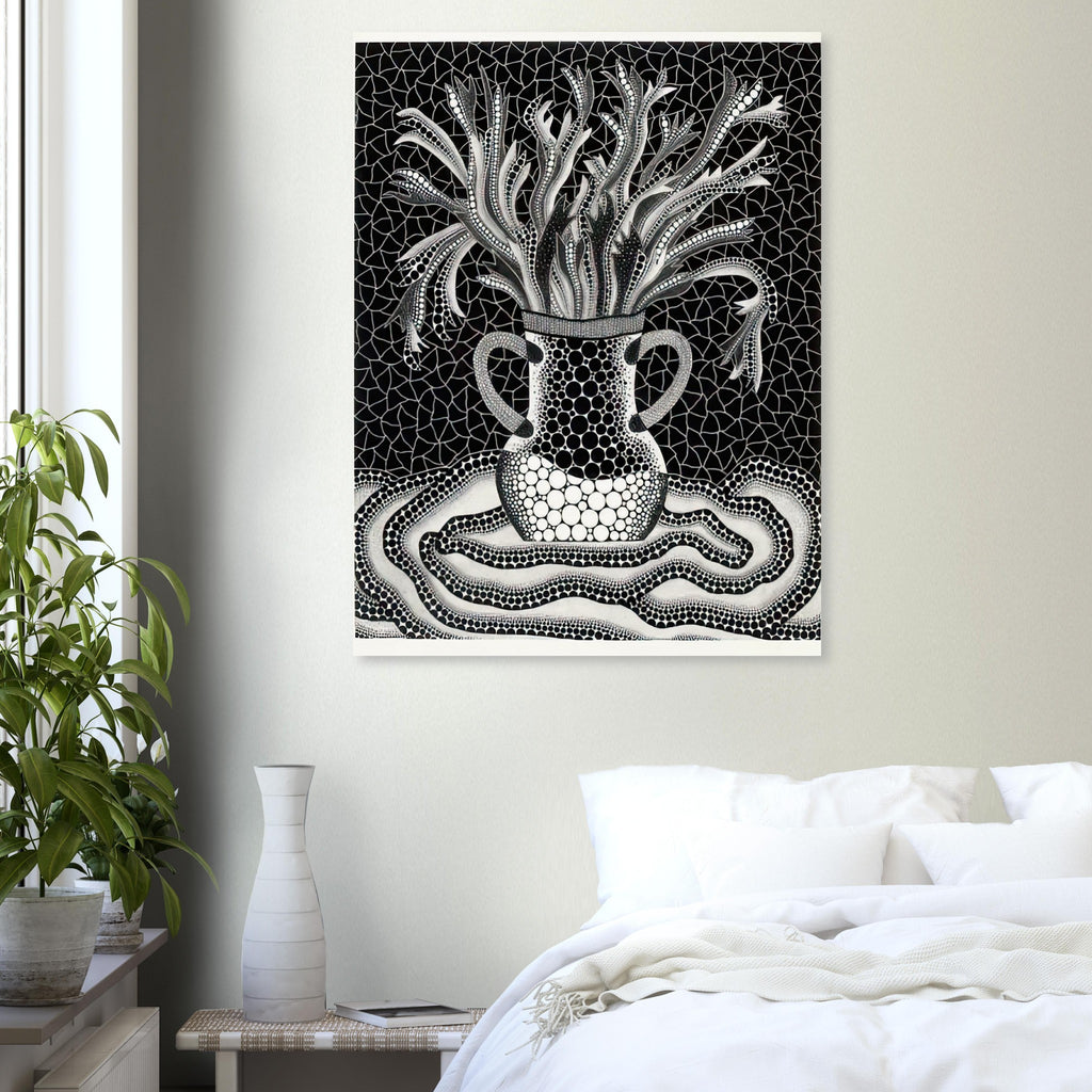 Yayoi Kusama poster — A vase holds an exuberant arrangement of branching, elongated floral forms, while repeated dots animate both the vessel and its surroundings