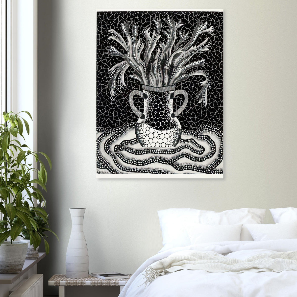 Yayoi Kusama poster — A vase holds an exuberant arrangement of branching, elongated floral forms, while repeated dots animate both the vessel and its surroundings