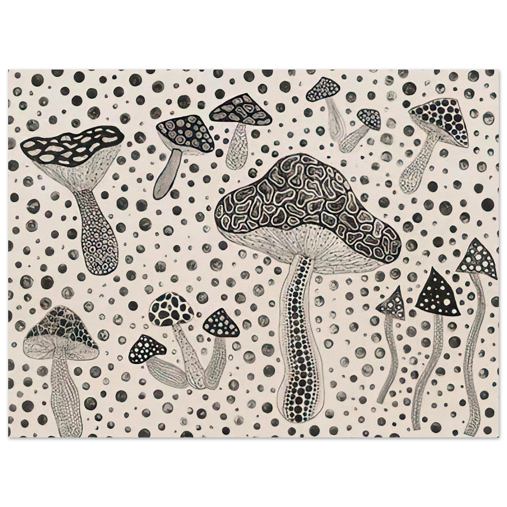 Yayoi Kusama poster — Mushrooms brings a humble woodland organism into Kusama’s world of organic growth and proliferating forms, 15x20 cm / 6x8″