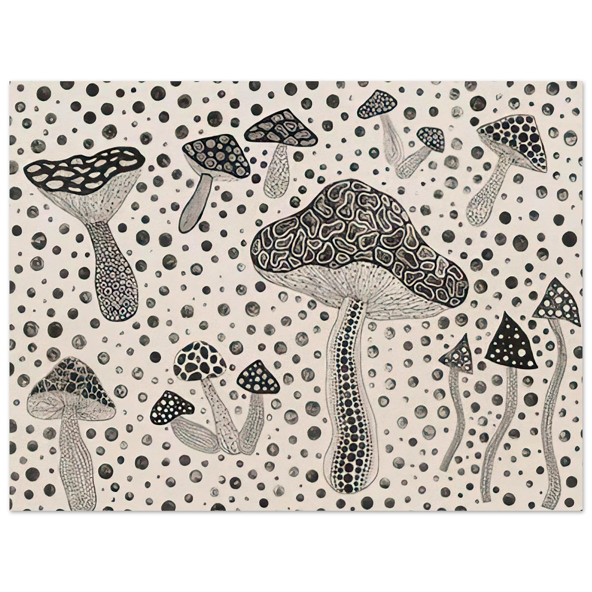 Yayoi Kusama poster — Mushrooms brings a humble woodland organism into Kusama’s world of organic growth and proliferating forms, 15x20 cm / 6x8″