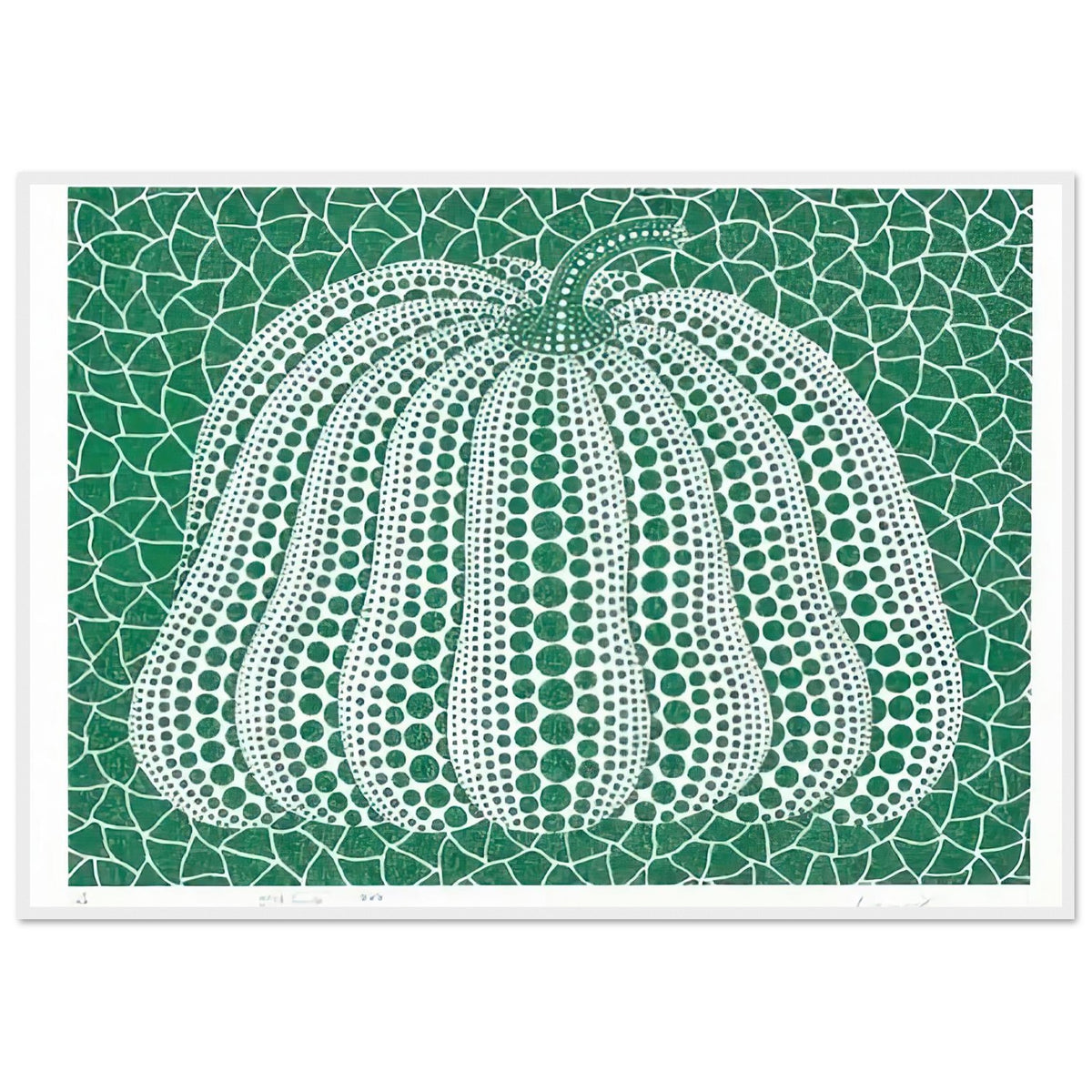 Yayoi Kusama framed print — Pumpkin Green presents Kusama’s familiar pumpkin through an explicitly green variation, white frame, 70x100 cm / 28x40″