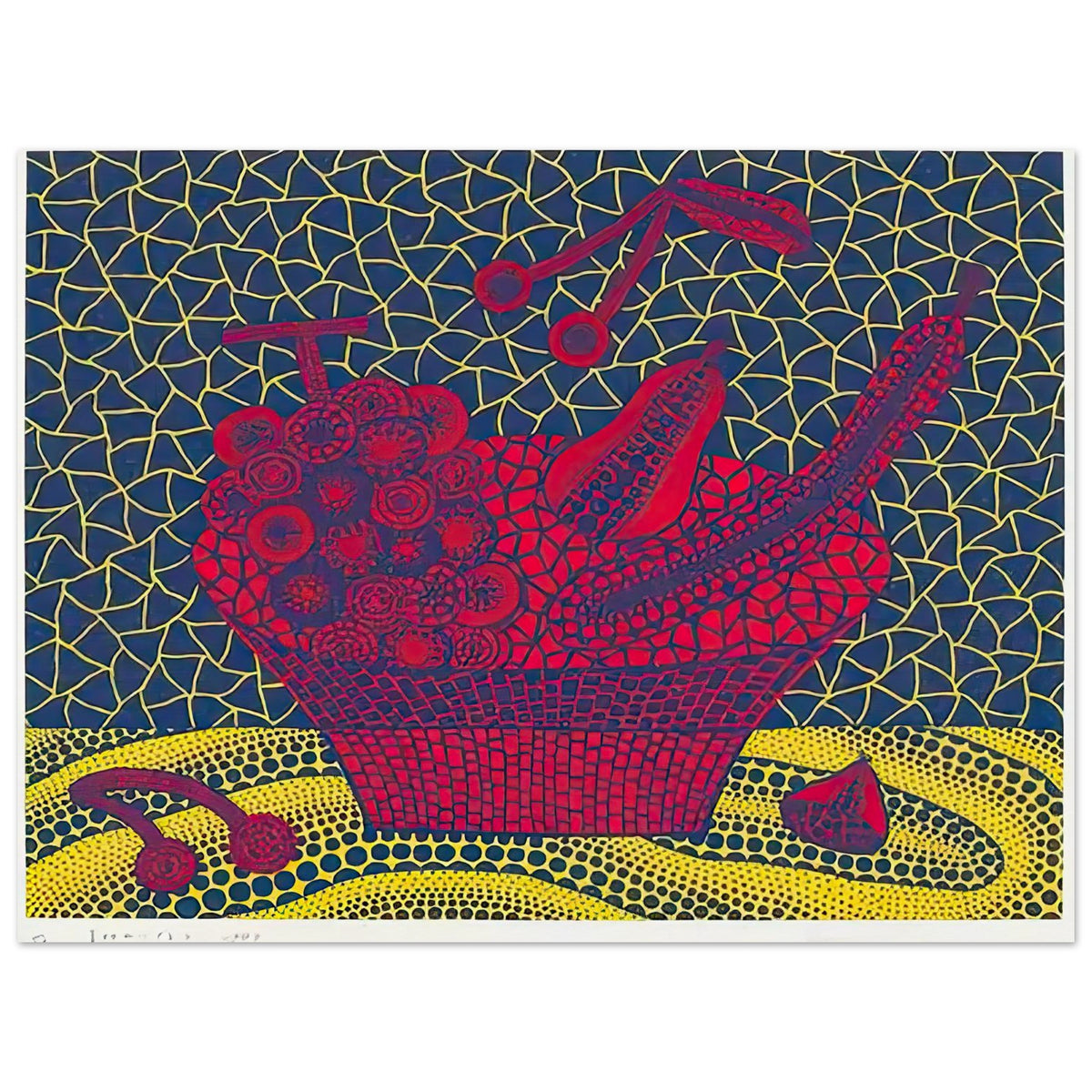 Yayoi Kusama poster — Fruit Basket (5) by Yayoi Kusama explores one of the artist’s recurring subjects: the abundance of ordinary fruit, 30x40 cm / 12x16″