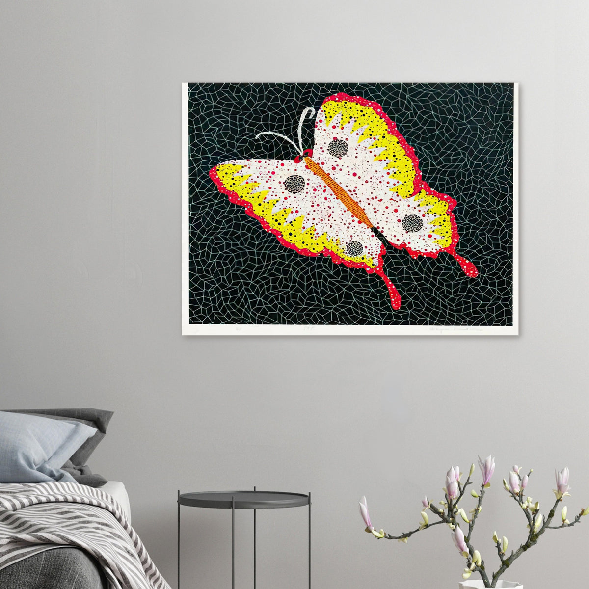 Yayoi Kusama poster — Butterfly [Kusama 81] by Yayoi Kusama takes the lightness of a butterfly and gives it graphic intensity through pattern