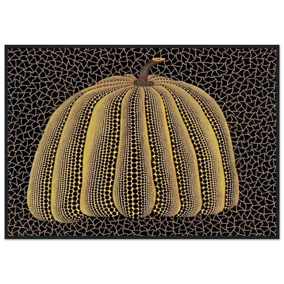 Yayoi Kusama framed print — Pumpkin (Yellow Y) [Kusama 148] presents Kusama’s familiar pumpkin through an explicitly yellow variation, black frame, 70x100 cm / 28x40″