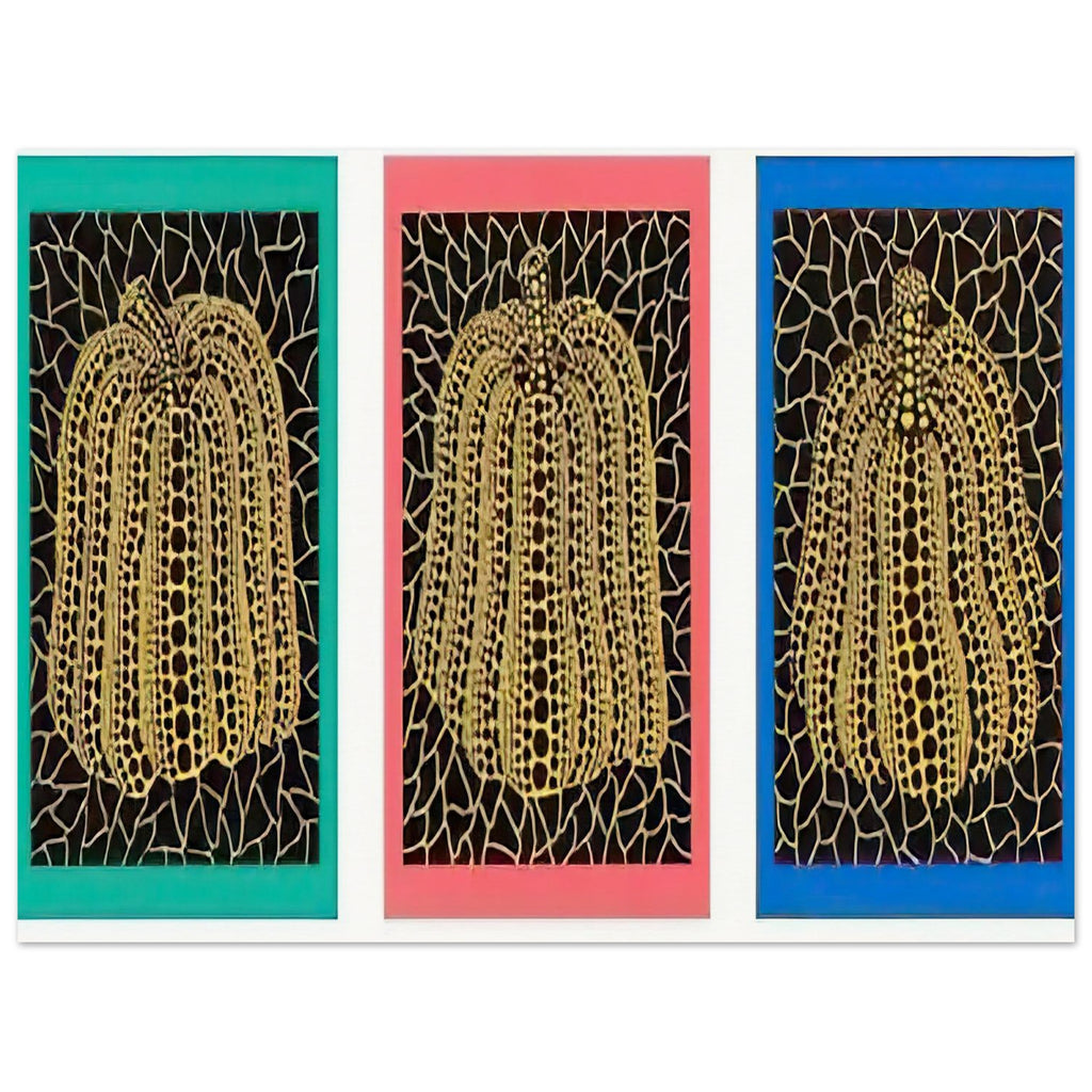 Yayoi Kusama poster — Pumpkins [Kusama 146] shifts the emphasis from a single gourd to a plural subject, 15x20 cm / 6x8″