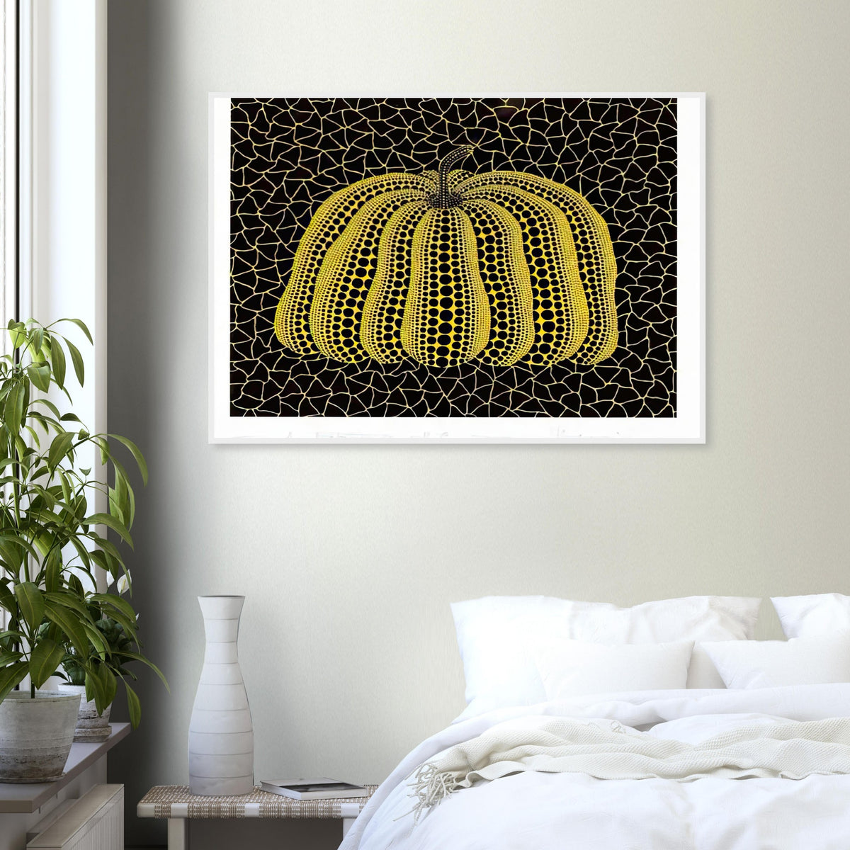 Yayoi Kusama framed print — Pumpkin (YB-B) [Kusama 327] revisits Kusama’s best-known vegetable through the relationship between its distinctive form and repeating ornament