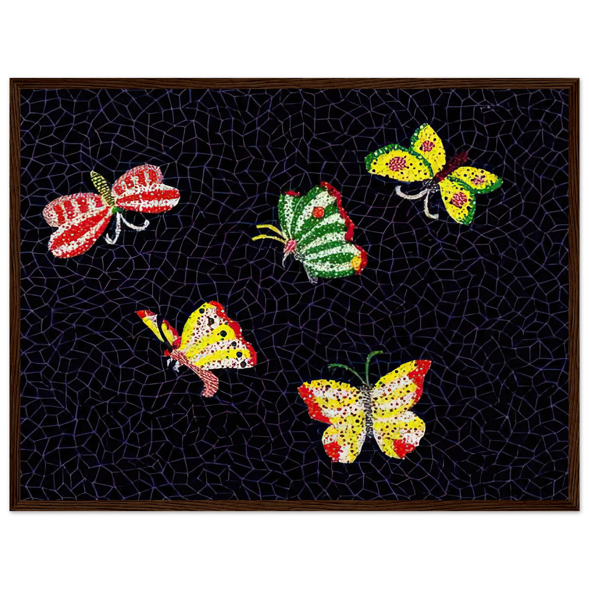 Yayoi Kusama framed print — Butterfly [Kusama 82] by Yayoi Kusama takes the lightness of a butterfly and gives it graphic intensity through pattern, dark wood frame, 45x60 cm / 18x24″