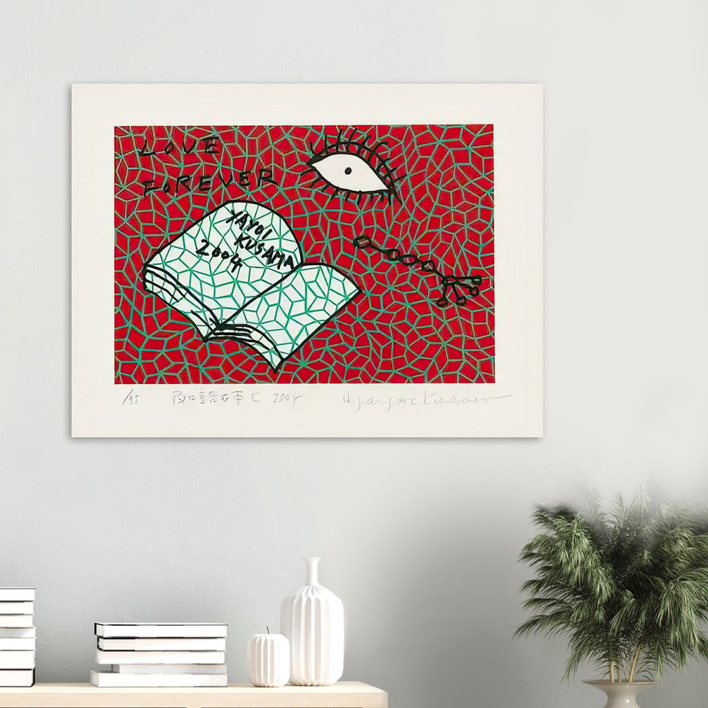 Yayoi Kusama poster — Book to Read at Night C places an illustrated book at the center of a strange, poetic visual world