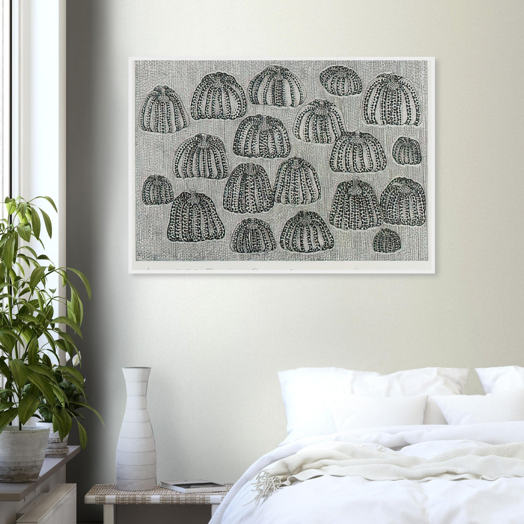Yayoi Kusama framed print — Pumpkin Army (black and white) turns a single familiar vegetable into a collective presence