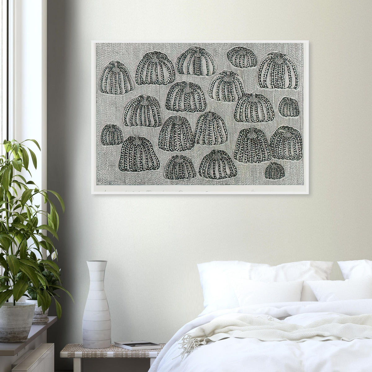 Yayoi Kusama framed print — Pumpkin Army (black and white) turns a single familiar vegetable into a collective presence