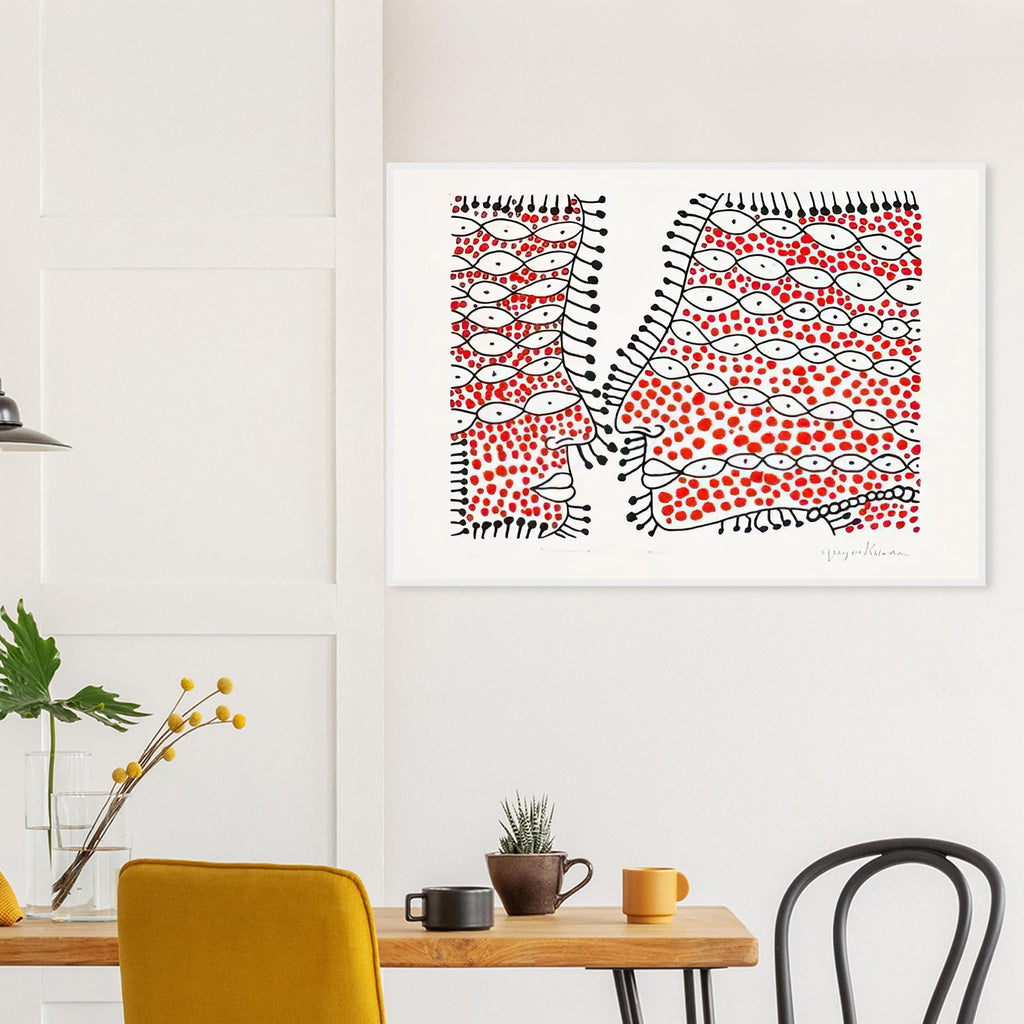 Yayoi Kusama framed print — Beginning of Love suggests an intimate emotional moment expressed through Kusama’s recurring language of patterns and simple forms