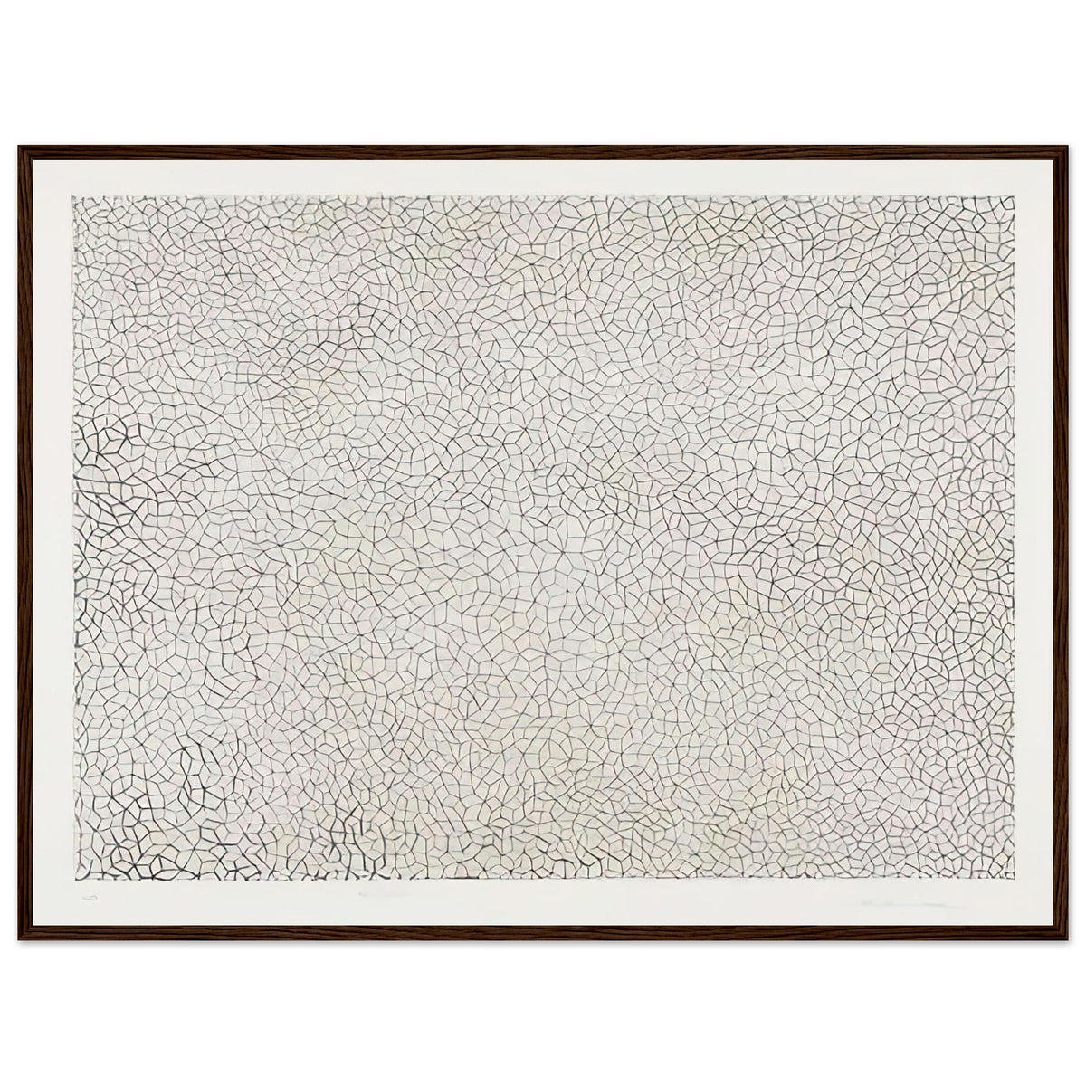 Yayoi Kusama framed print — Infinity Nets (Image 3) explores Kusama’s Infinity Net as a field built from countless repeated marks, dark wood frame, 60x80 cm / 24x32″