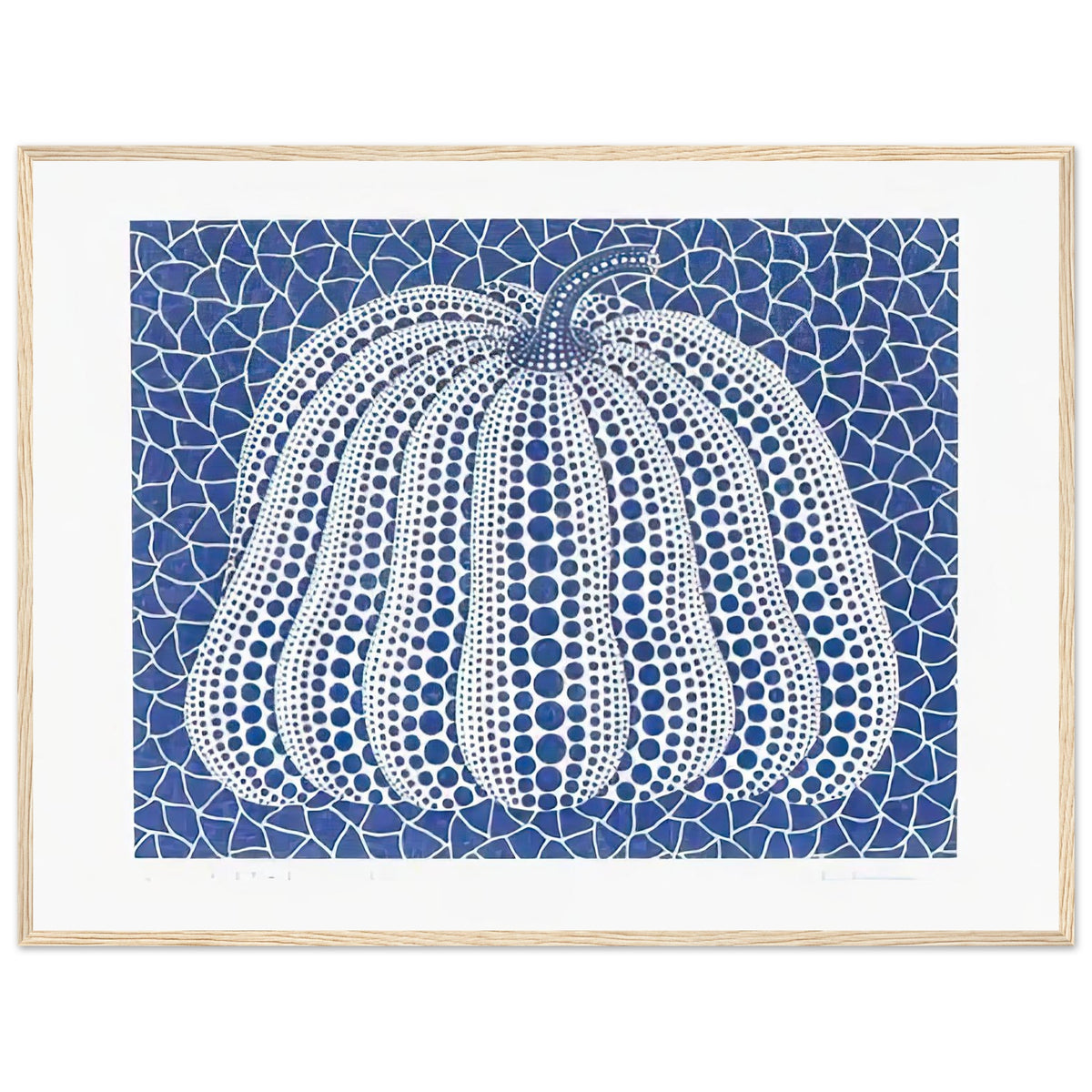 Yayoi Kusama framed print — Pumpkin (Blue, Version 2) presents Kusama’s familiar pumpkin through an explicitly blue variation, wood frame, 60x80 cm / 24x32″