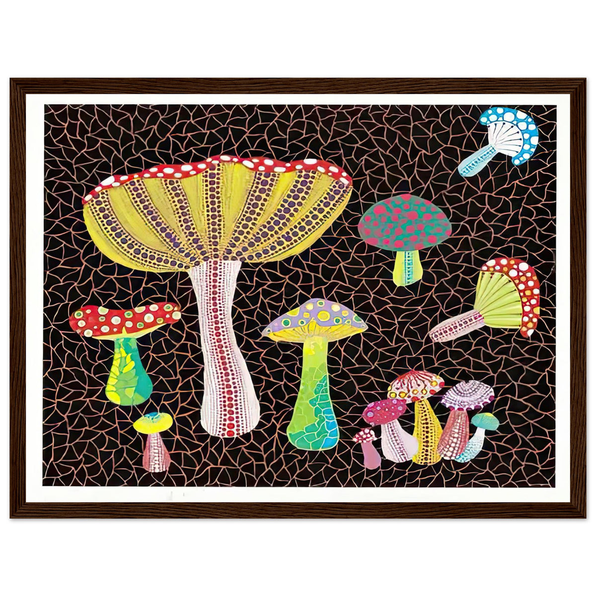 Yayoi Kusama framed print — Toadstools explores the eccentric shapes of woodland fungi, balancing rounded caps and slender supports, dark wood frame, 30x40 cm / 12x16″