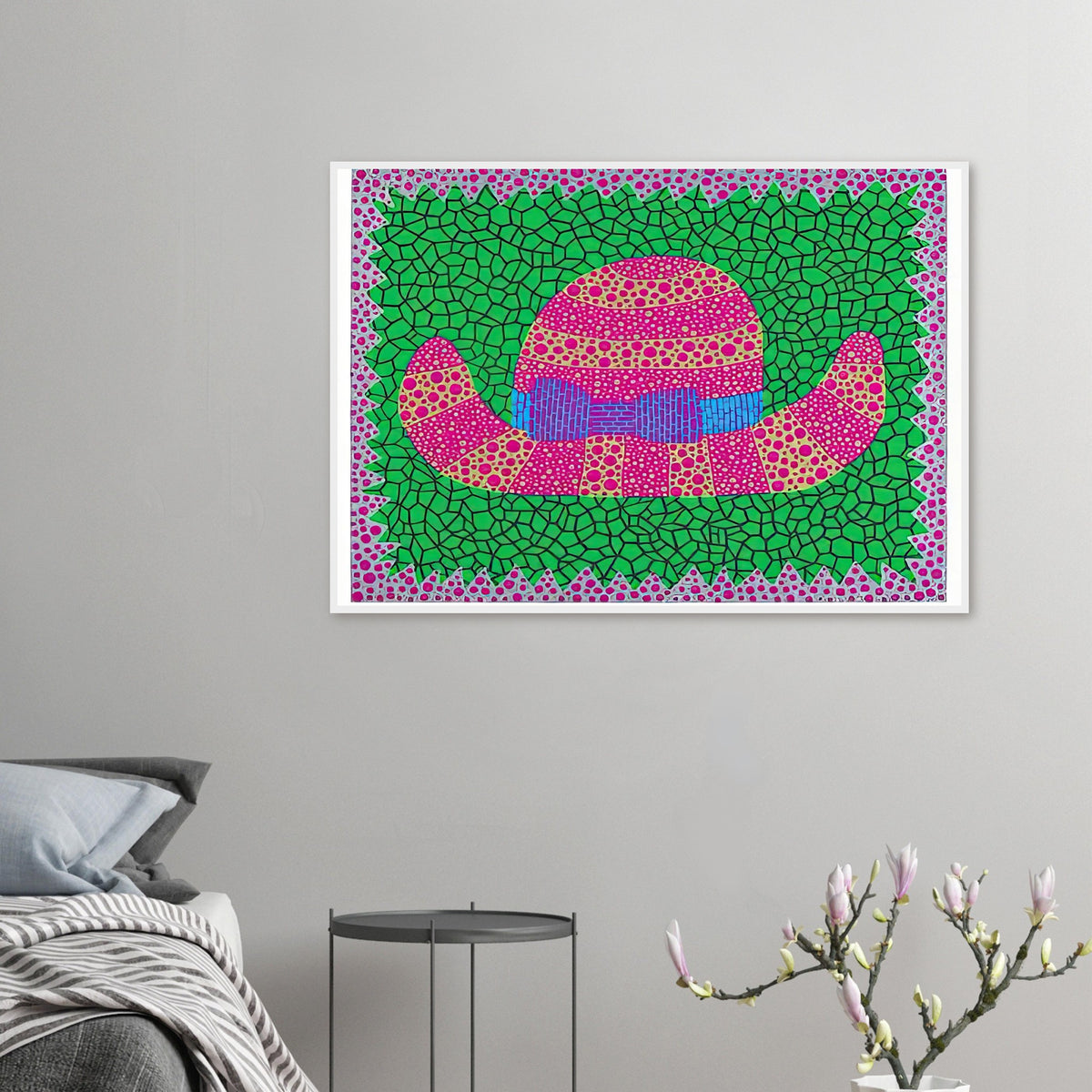 Yayoi Kusama framed print — Hat II turns an everyday hat into a subject for playful observation