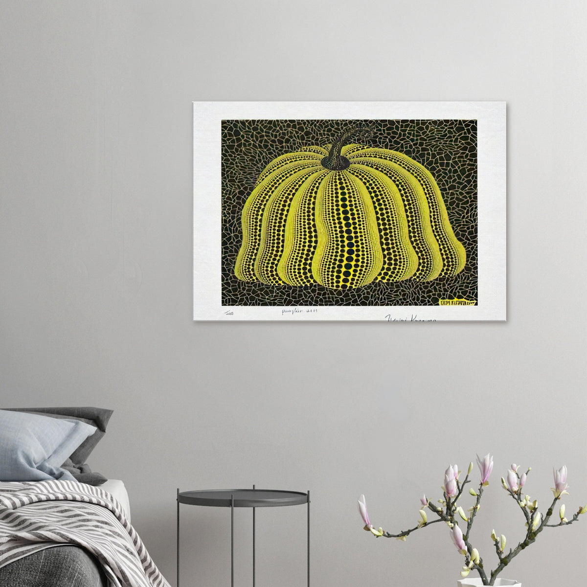 Yayoi Kusama canvas print — Pumpkin 2000 (Yellow) uses a yellow treatment to reinterpret one of Kusama’s most affectionate subjects