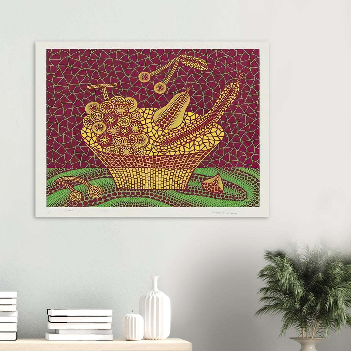 Yayoi Kusama poster — Fruit Basket (3) by Yayoi Kusama explores one of the artist’s recurring subjects: the abundance of ordinary fruit