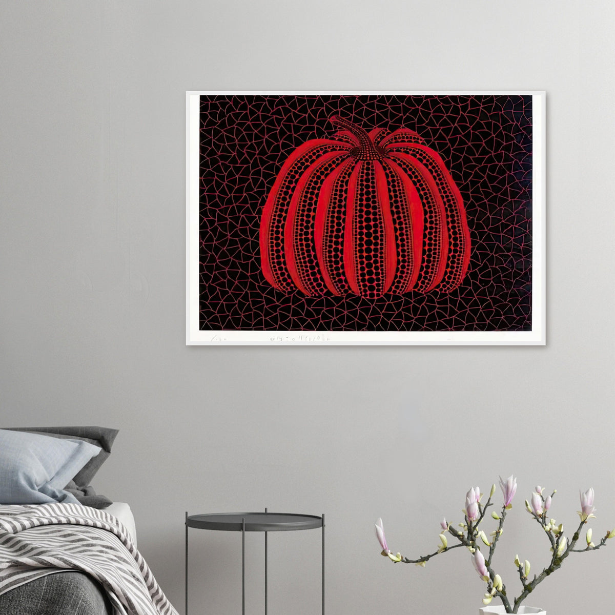 Yayoi Kusama framed print — Pumpkin (RY) [Kusama 233] revisits Kusama’s best-known vegetable through the relationship between its distinctive form and repeating ornament
