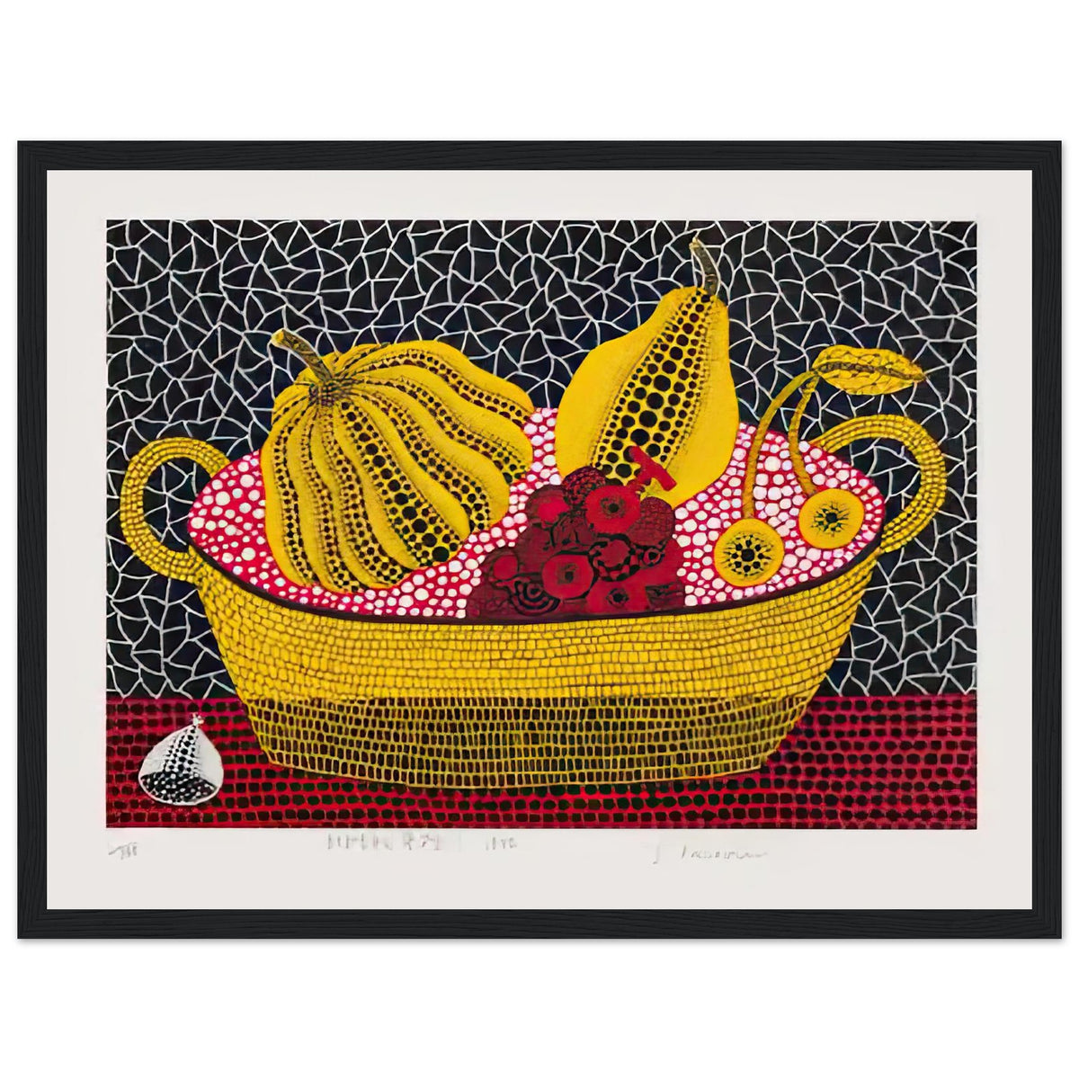 Yayoi Kusama framed print — Pumpkin and Fruits brings a dotted pumpkin into a richly populated still life rather than isolating the gourd on its own, black frame, 30x40 cm / 12x16″