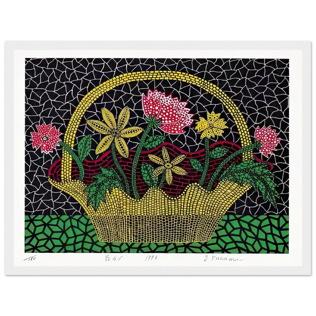 Yayoi Kusama framed print — Flower Basket brings a traditional still-life arrangement into Kusama’s unmistakably decorative, pattern-driven world, white frame, 30x40 cm / 12x16″