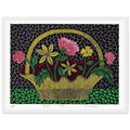 Yayoi Kusama framed print — Flower Basket brings a traditional still-life arrangement into Kusama’s unmistakably decorative, pattern-driven world, white frame, 30x40 cm / 12x16″
