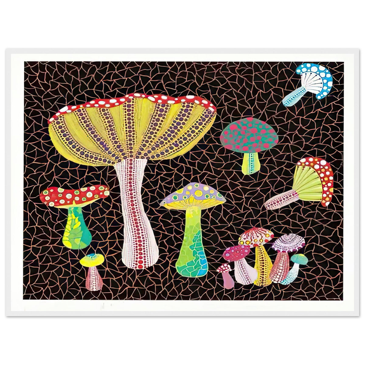 Yayoi Kusama framed print — Toadstools explores the eccentric shapes of woodland fungi, balancing rounded caps and slender supports, white frame, 60x80 cm / 24x32″
