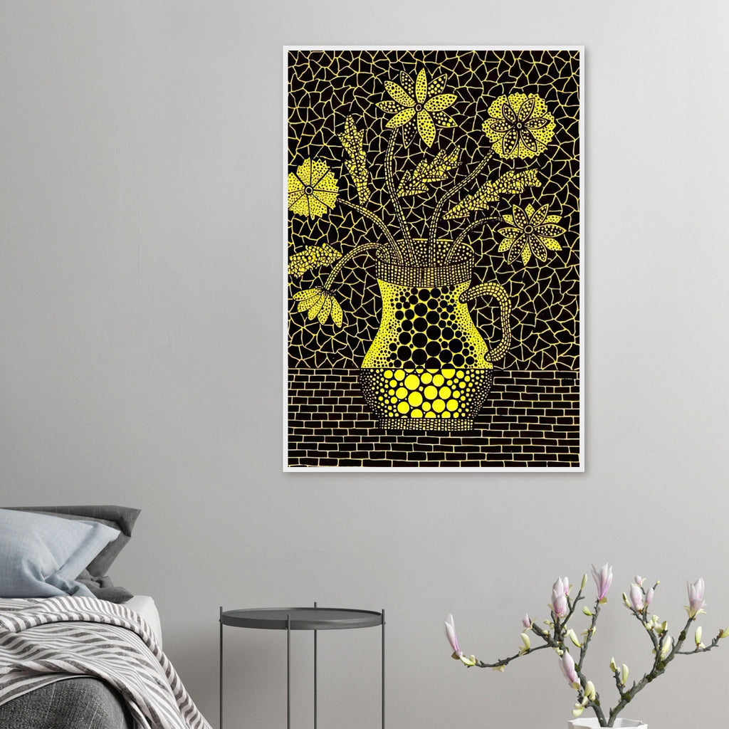 Yayoi Kusama framed print — A vase provides a stable container for an arrangement of organic forms, creating a classic still-life structure