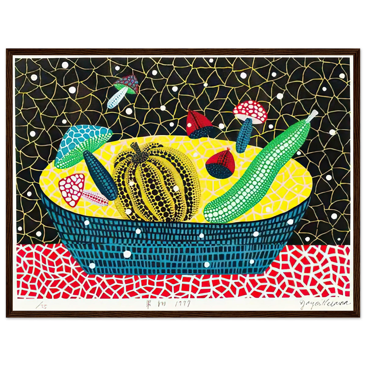 Yayoi Kusama framed print — Fruits (2) turns an arrangement of fruit into a deliberately ornamental still life, dark wood frame, 45x60 cm / 18x24″