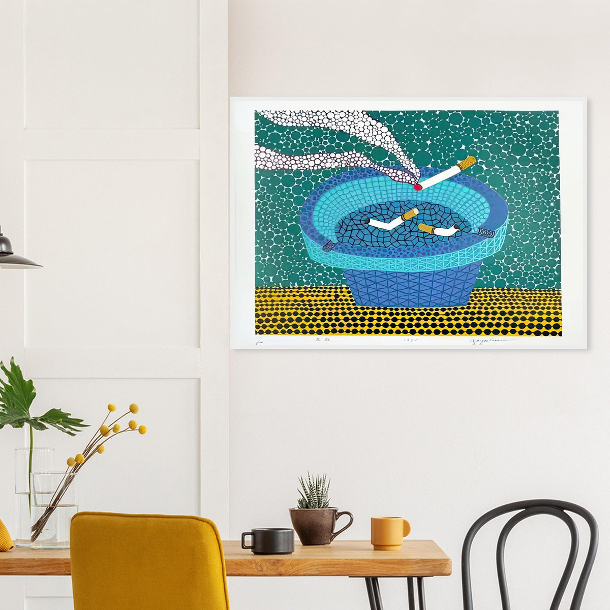 Yayoi Kusama framed print — Ashtray (2) returns to the everyday smoking accessory but distinguishes this image as a second listed treatment of the motif