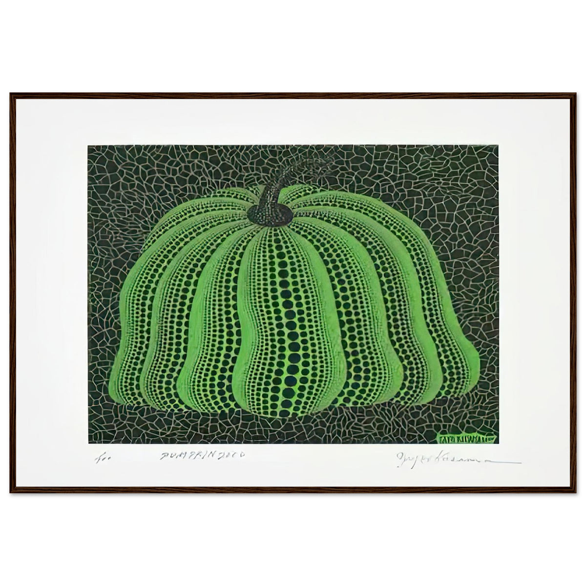 Yayoi Kusama framed print — Pumpkin 2000 (Green) uses a green treatment to reinterpret one of Kusama’s most affectionate subjects