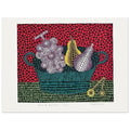 Yayoi Kusama poster — Panier de Fruits I from Amour pour Toujours turns a basket of fruit into a lively decorative still life, 15x20 cm / 6x8″