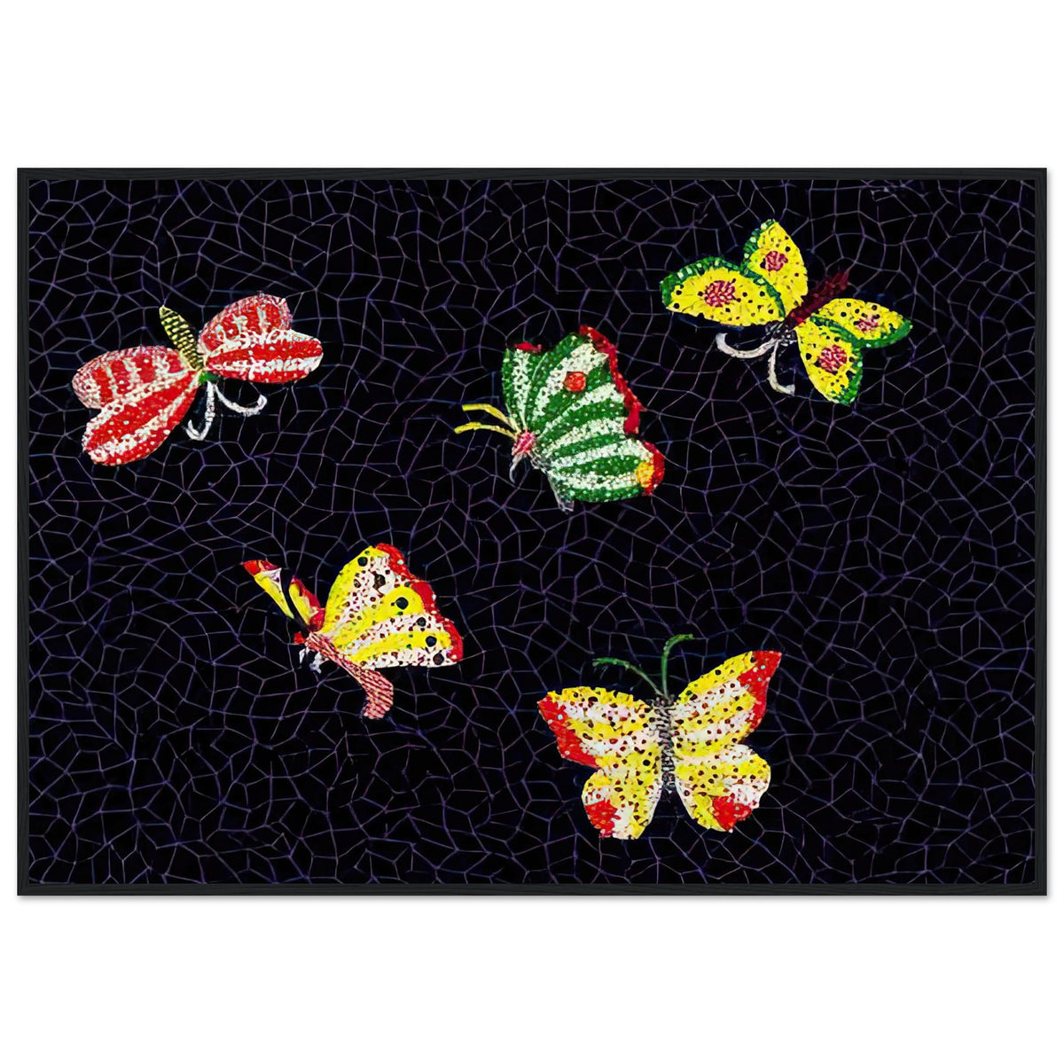 Yayoi Kusama framed print — Butterfly [Kusama 82] by Yayoi Kusama takes the lightness of a butterfly and gives it graphic intensity through pattern, black frame, 70x100 cm / 28x40″