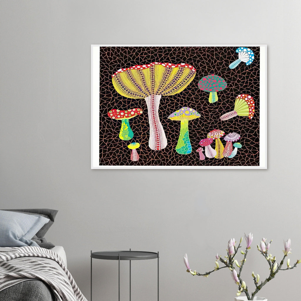Yayoi Kusama framed print — Toadstools explores the eccentric shapes of woodland fungi, balancing rounded caps and slender supports