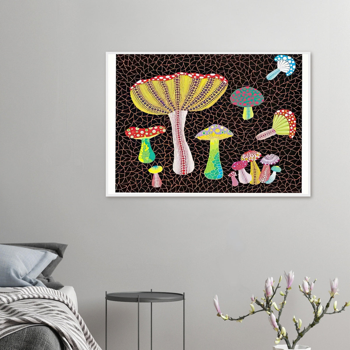 Yayoi Kusama framed print — Toadstools explores the eccentric shapes of woodland fungi, balancing rounded caps and slender supports